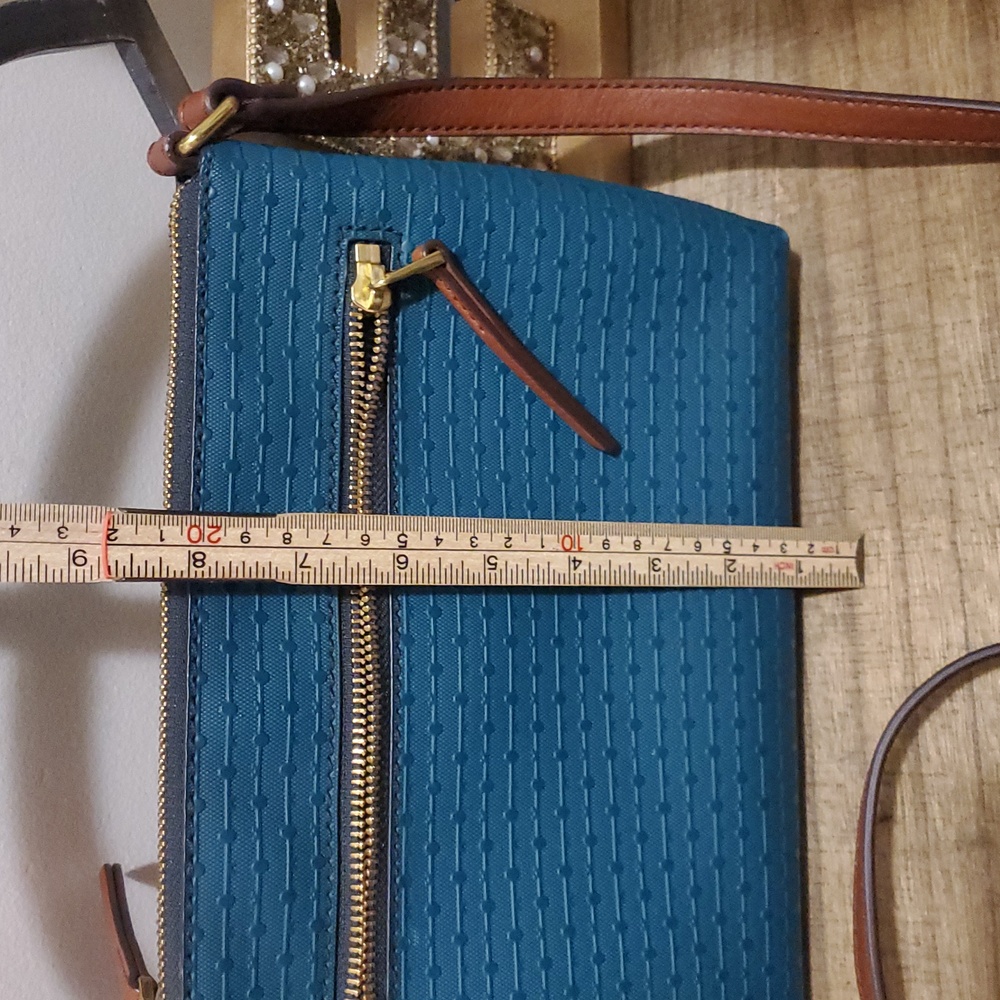 Fossil Fiona Teal Turquoise Woven Canvas Crossbody Purse Bag - Picture 14 of 14